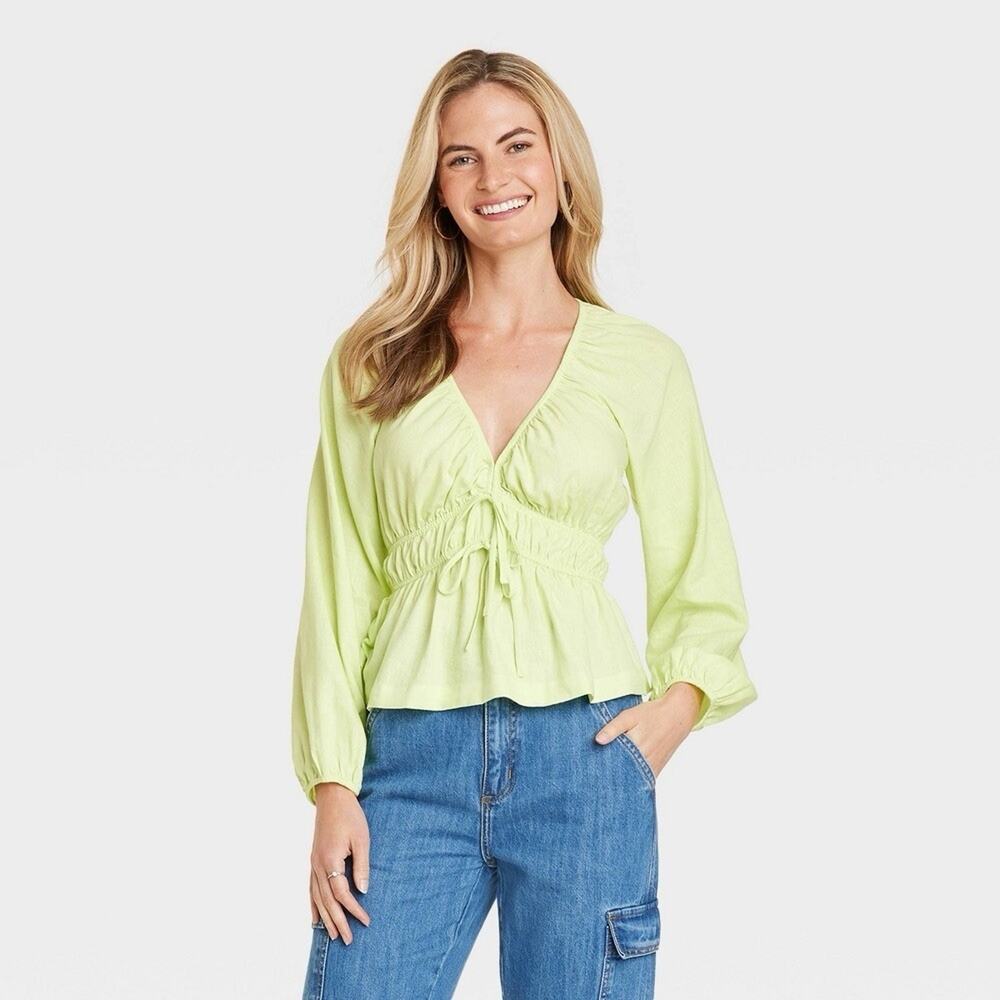 UNIVERSAL THREAD Women Blouse Size XS Green V-Neck Double Tie Front L/S Stretch